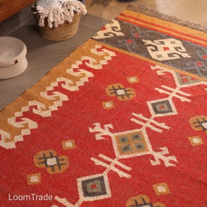 Wool Jute Kilim Red Rug, Handwoven, Wool and Jute Rug Handmade, Kilim Dhurrie Rug, Traditional Indian jute Area rug Custam Size Rugs