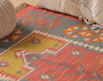 Alfombra Kilim Dhurrie de lana y yute hecha a mano, diseño tradicional indio, decoración bohemia del suroeste.