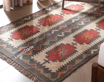 Vintage Wool Jute Kilim Rug, Handwoven, Wool and Jute Rug Handmade, Kilim Dhurrie Rug, Traditional Indian jute Area rug Custam Size Rugs