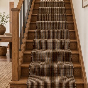 May include: A staircase featuring a woven runner with a repeating black and tan striped pattern. The runner covers the center of the wooden steps, which have a natural brown finish. The word LOOMTRADE is printed in white on the top step runner.