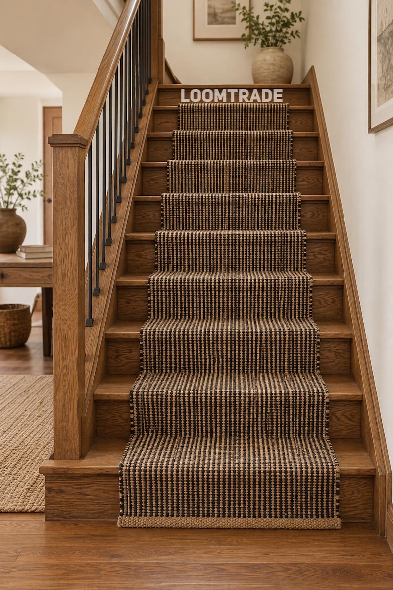 May include: A staircase featuring a woven runner with a repeating black and tan striped pattern. The runner covers the center of the wooden steps, which have a natural brown finish. The word LOOMTRADE is printed in white on the top step runner.
