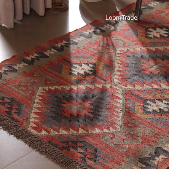 Handwoven Kilim Rug, Wool Jute Area Rug, Tribal Dhurrie Rug, Southwestern Farmhouse Rug, Boho Living Room Rug, Handmade Indian Kilim