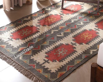 Dywan z juty i wełny w stylu vintage, tkany ręcznie, ręcznie robiony dywan z wełny i juty, dywan Dhurrie, tradycyjny indyjski dywan z juty, dywany na wymiar