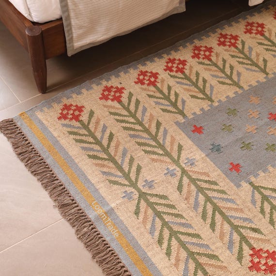 Blue Floral Wool Jute Kilim Rug, Handmade Flatweave Area Rug, Farmhouse Boho Living Room Carpet, Rustic Bedroom Rug