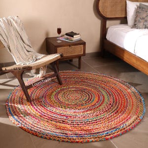Chindi Round Jute Rug – Handwoven Flat Weave Farmhouse Rug, Sustainable Indian Rag & Jute Mat, Retro Navajo Style, Housewarming Gift for Mom