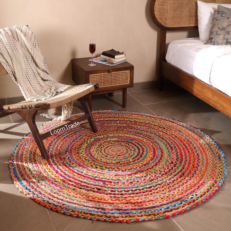 Chindi Round Jute Rug – Handwoven Flat Weave Farmhouse Rug, Sustainable Indian Rag & Jute Mat, Retro Navajo Style, Housewarming Gift for Mom