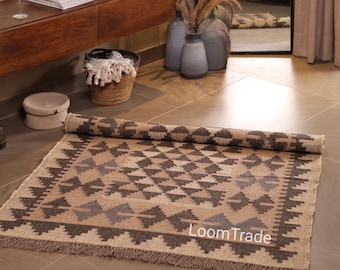 Alfombra Kilim a cuadros hecha a mano, alfombra Dhurrie de lana, alfombra de estilo rústico personalizada