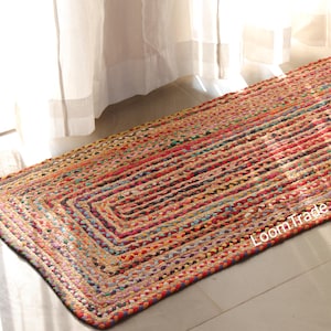 Alfombra de pasillo de yute trenzado multicolor, estilo bohemio Chindi, alfombra de algodón y yute ecológica hecha a mano, alfombra rústica de estilo granja.