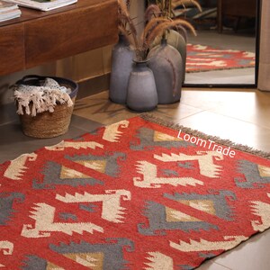 Handwoven Wool Jute Kilim Rug – Red Geometric Tribal Area Rug, Flatweave Boho Farmhouse Decor
