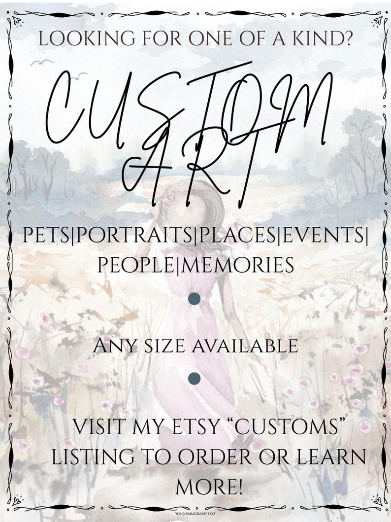 Op de afbeelding: Advertentie voor aangepaste kunst met de woorden "CUSTOM ART" in sierlijke letters. Het vermeldt opties zoals huisdieren, portretten, plaatsen en evenementen. De advertentie vermeldt ook "ANY SIZE AVAILABLE" en verwijst naar een Etsy-vermelding.