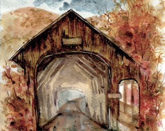 Overdekte brug schilderij | Overdekte brug aquarel | Herfst kunst | Vermont overdekte brug aquarel | Herfst Vermont schilderij | Herfst kunst Vermont