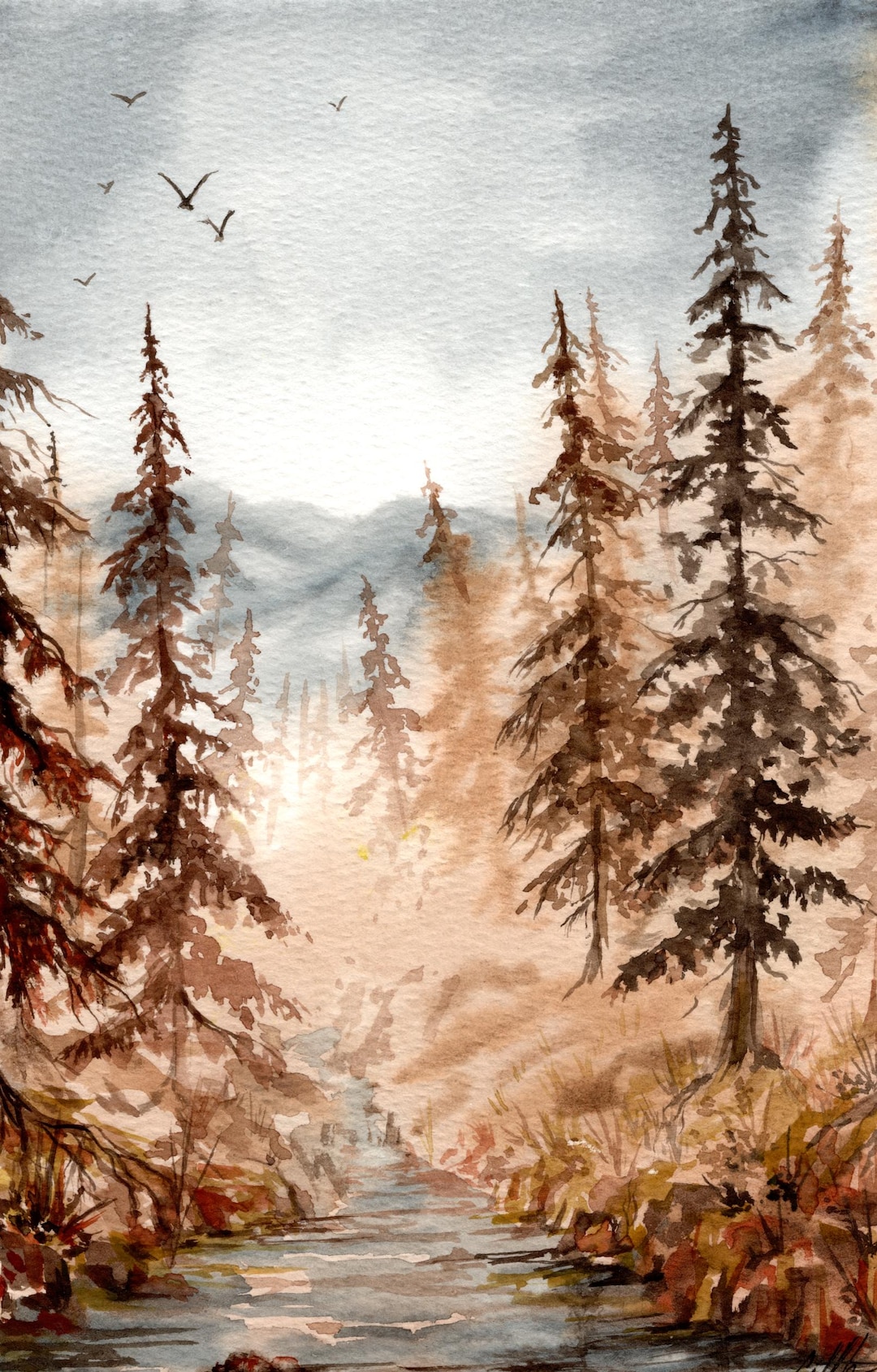 foggy-pines-watercolor-pine-forest-painting-original-woods-artwork