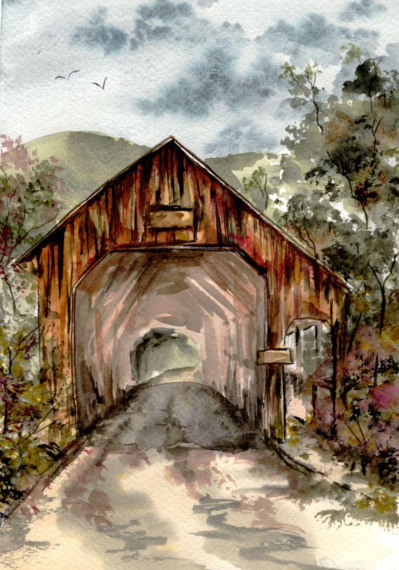 Covered Bridge Painting | Covered Bridge Watercolor |Bridge Art | Vermont Covered Bridge Watercolor |Vermont Painting| Summer Vermont Art |