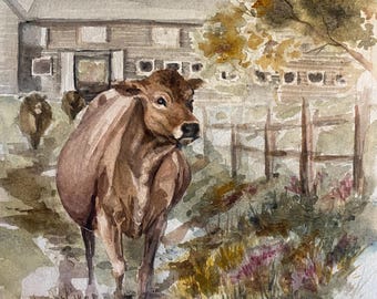 Billings boerderij koe aquarel schilderij | Melkkoekunst | Origineel koekunstwerk | Koe schilderij | Muurkunst koeienliefhebber | Handgeschilderde koe |