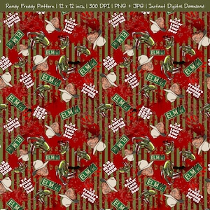 May include: A digital pattern featuring horror movie elements. The design includes images of a fedora, a bladed glove, and the text "ELM St." and "Freddy's Coming For You" on a red and green striped background.