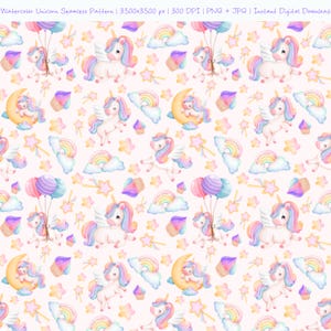 Watercolor Unicorn Seamless Pattern | 3500x3500 px | 300 DPI | PNG + JPG | Instant Digital Download