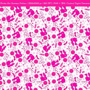 May include: Seamless pattern featuring a repeating design of pink silhouettes and icons on a white background. The pattern includes silhouettes of a woman's profile, high heels, sunglasses, lipstick, and the letter "B". The text "Barbie Girl Seamless Pattern" is at the top.