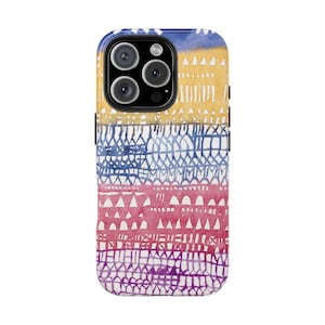 May include: A colorful phone case with a watercolor design. The case features a pattern of yellow, blue, red, and purple geometric shapes. The phone case has a black camera module.