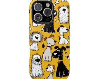 Verspielte Pups Hunde Handyhülle, senfgelbe illustrierte Hündchenhülle, iPhone Samsung Schutz
