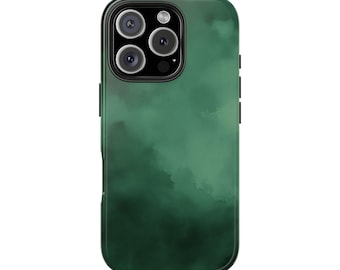 May include: A dark green phone case with a watercolor-style design. The case has a black border and a camera cutout with multiple lenses. The design features shades of green, creating a cloudy or smoky effect.