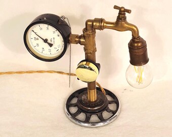 Steampunk Industrial Table Lamp with Pressure Gauge | Handmade Brass Pipe Lamp | Vintage Loft Decor