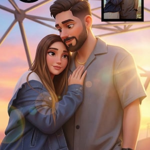 Puede incluir: Ilustración digital de una pareja abrazándose, con un fondo de puesta de sol. La mujer lleva una chaqueta vaquera sobre una camiseta blanca, mientras que el hombre lleva una camisa gris abotonada. Una pequeña imagen de la pareja está en la esquina superior derecha. Un icono de 24h está en la esquina superior izquierda.