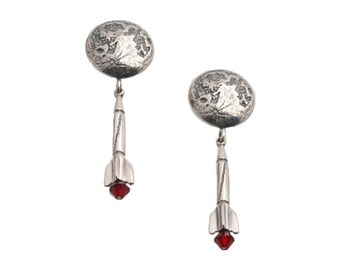 V-2 Test Rocket- Moonshot Earrings w/ Crystal Flame, Sci-Fi Jewelry, Rocket Ship, Retro Rockets