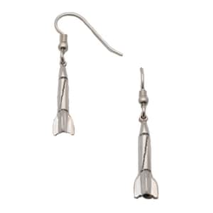 May include: A pair of silver rocket ship earrings with a hook closure.