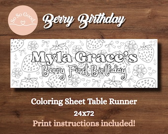 Berry 1st Birthday Table Runner – 24x72” Printable | Personalized | Coloring Banner | Kids Party Activity