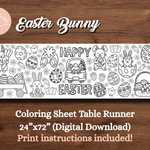 Può includere: Runner da tavolo da colorare a tema pasquale in bianco e nero. Il design presenta coniglietti, uova di Pasqua, carote, fiori e le parole "Happy Easter". Il runner misura 61 cm x 183 cm.