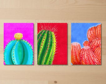 ORIGINALS: Colourful Cacti ACEO (set of 3) Succulent Houseplant, Mini Artworks, Small Art