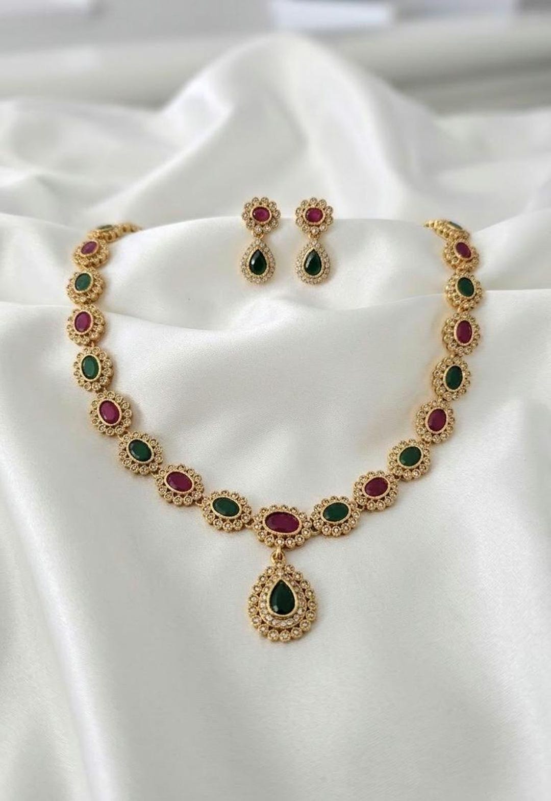 Ruby Greenstone Traditional Ruby Green Stone Necklace Set With Earrings | Gold Bridal ...