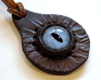 Fantasy Blue Eye Dragon Pendant Leather Pendant Necklace Goth Eyeball Brown