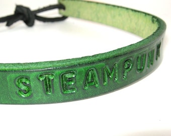 Leather Necklace Steampunk Choker Adjustable Choker Green Leather