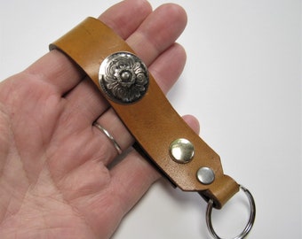 Key Fob Flower Design Tan Leather Snap Loop for Belt or Pack Keychain Wristlet