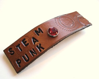 Steampunk Hair Barrette Clip Leather Barrette Tan Gears