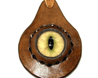 Fantasy Yellow Eye Dragon Pendant Leather Pendant Necklace Goth Eyeball Brown