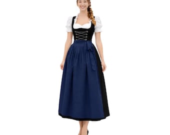 Classic Black Cotton Dirndl Dress | Oktoberfest | Bavarian Festival Outfit Include Blouse & Apron