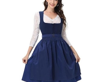 May include: A navy blue dirndl dress featuring a sleeveless bodice with a square neckline and a full, pleated skirt. The dress is layered over a white, long-sleeved lace blouse with a scalloped V-neckline and intricate floral patterns.