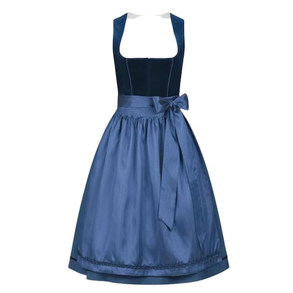 Long Navy Blue Dirndl Dress Bavarian Oktoberfest Outfit Includes Blouse & Apron