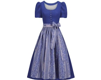 May include: A royal blue dress featuring short puff sleeves, a square neckline, and a row of small buttons down the center bodice. The skirt is adorned with a light purple apron overlay that displays a detailed, repeating dark blue damask pattern.