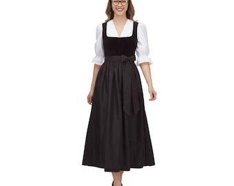 Black Velvet Dirndl Dress | Gothic German Gown w/ Blouse & Apron | Adjustable Corset Winter Oktoberfest