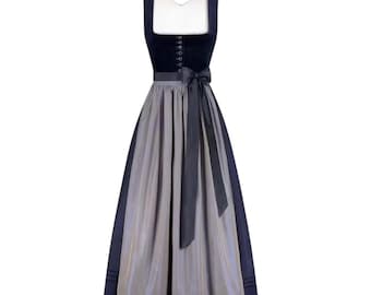 May include: A dark navy blue dirndl dress featuring a square neckline, a fitted bodice with a vertical row of small buttons, and a pleated grey apron tied at the waist with a matching dark navy blue ribbon bow. The skirt is midi-length and flared.