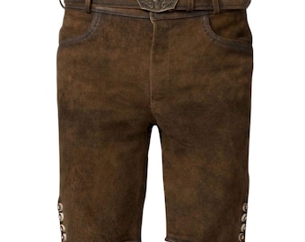 Pantaloni Bavaresi In Pelle Scamosciata Con Bretelle Regolabili - Marrone Scuro Per Oktoberfest E Feste