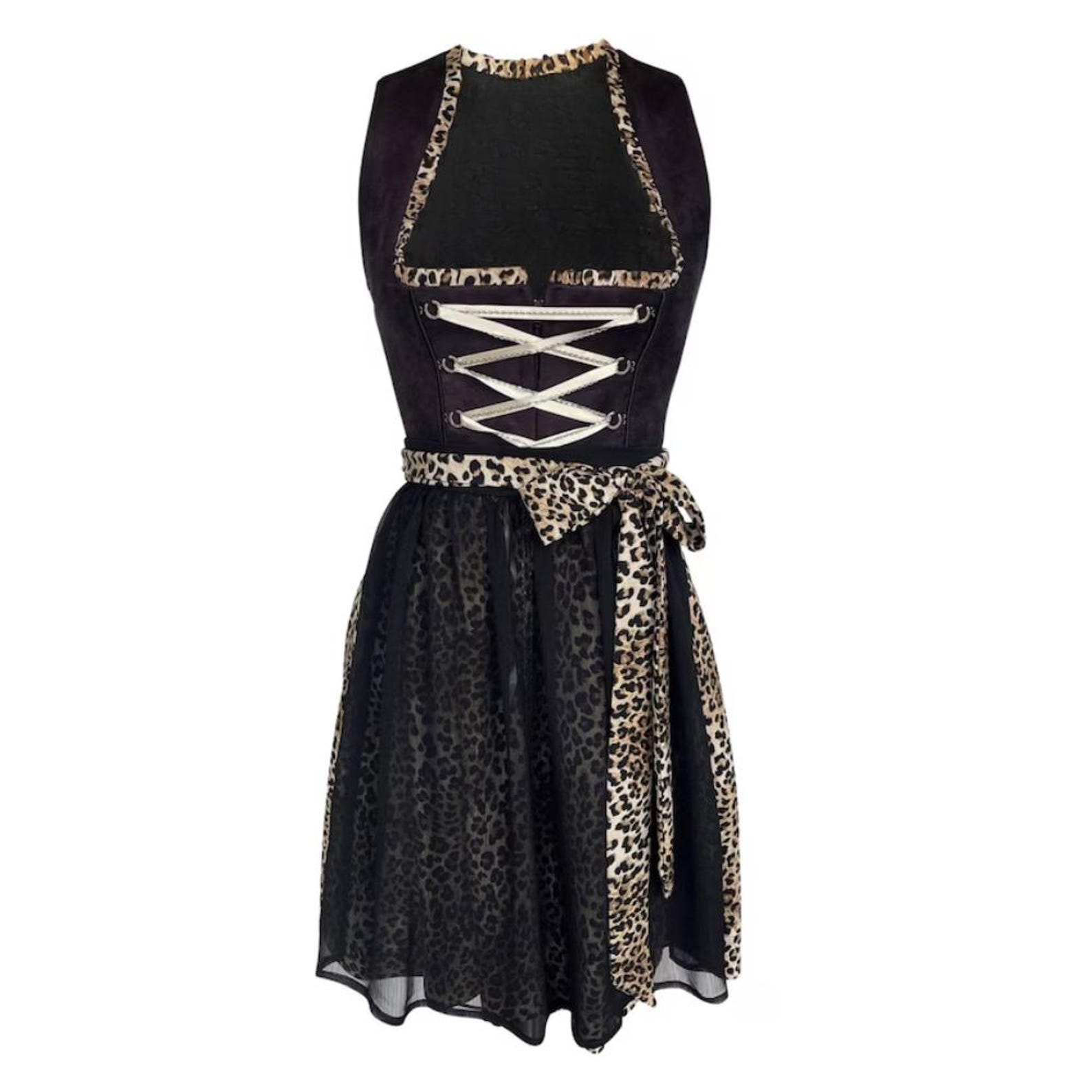Alpine Dirndl Dress, Black Bodice, Leopard Print Skirt, Chiffon Apron 3-Piece Set