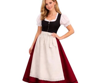 Black Maroon Cotton Dirndl Dress with Off-White Apron | 3-Piece Set | Traditional Bavarian Oktoberfest Outfit