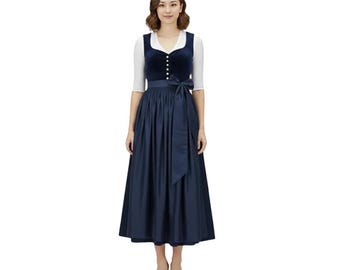 Navy Blue Handmade Dirndl Dress Include Blouse & Silk Satin Apron Traditional German Oktoberfest Outfit