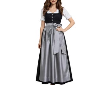 Black Velvet Dirndl Dress with Grey Apron | Elegant Bavarian Oktoberfest Outfit | 3-Piece Set