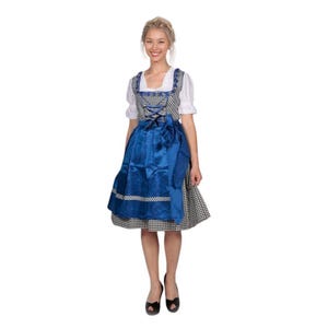 Satin Blue Gingham Dirndl: Bavarian Dress with Blouse & Apron