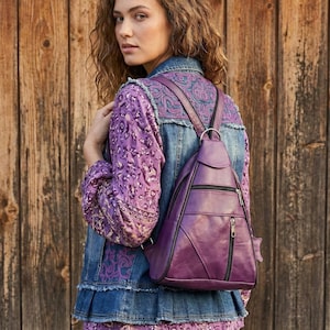 Purple Leather Sling Bag, Convertible Small Backpack, Patchwork Sheepskin Crossbody, Boho Women's Purse, Zippered Strap Daypack